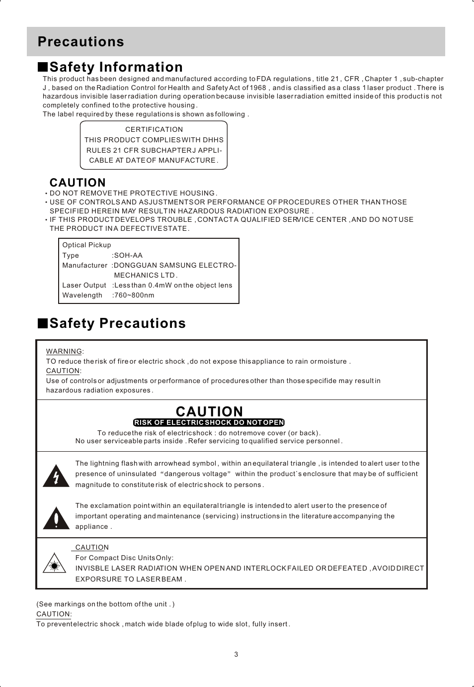 Т³гж 4, Precautions safety information safety precautions, Caution | Curtis rcd822 User Manual | Page 4 / 13