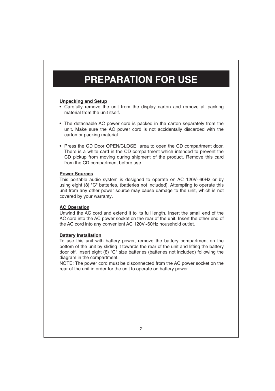 Preparation for use | Curtis RCD672 User Manual | Page 3 / 14