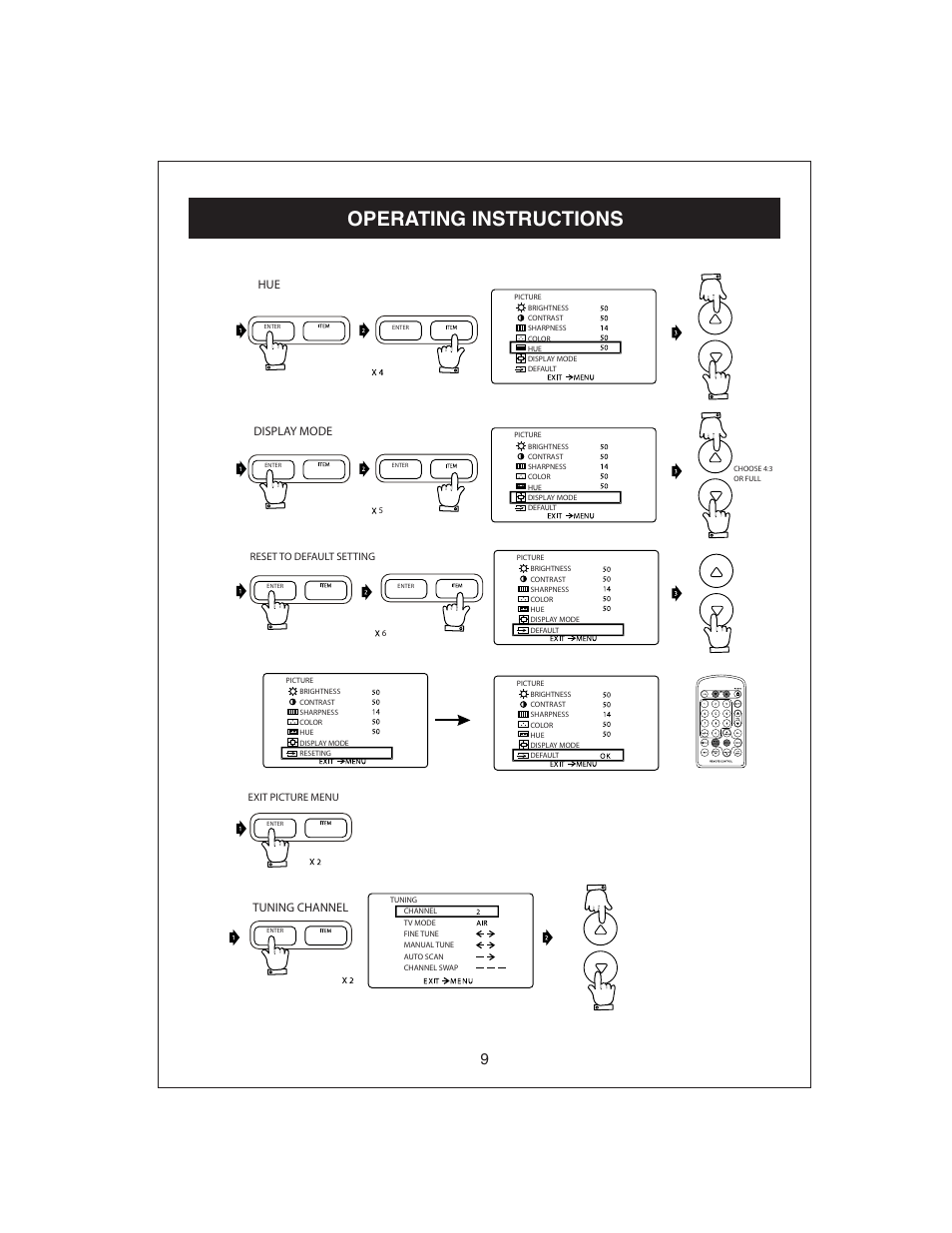 Operating instructions, Hue display mode, Tuning channel | Curtis KCR2610 User Manual | Page 10 / 14