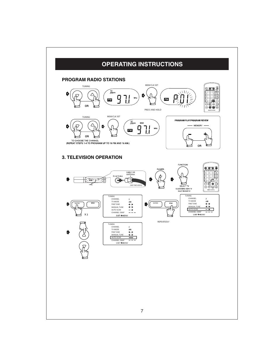 Operating instructions, Program radio stations 3. television operation | Curtis KCR2610 User Manual | Page 8 / 14
