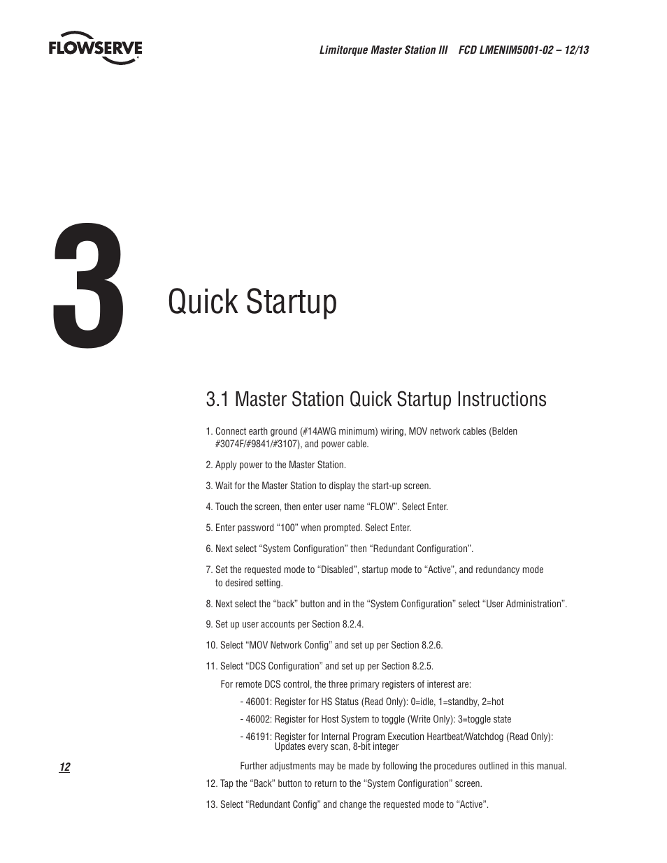 Quick startup | Flowserve Limitorque Master Station III User Manual | Page 12 / 70