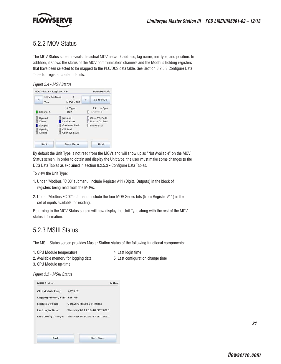 2 mov status, 3 msiii status | Flowserve Limitorque Master Station III User Manual | Page 21 / 70