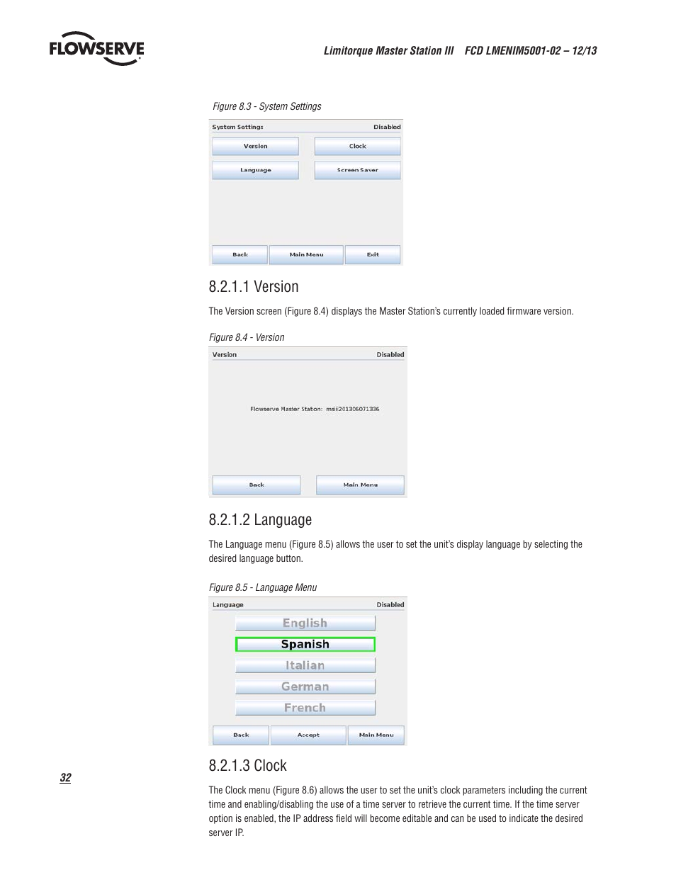 1 version, 2 language, 3 clock | Flowserve Limitorque Master Station III User Manual | Page 32 / 70