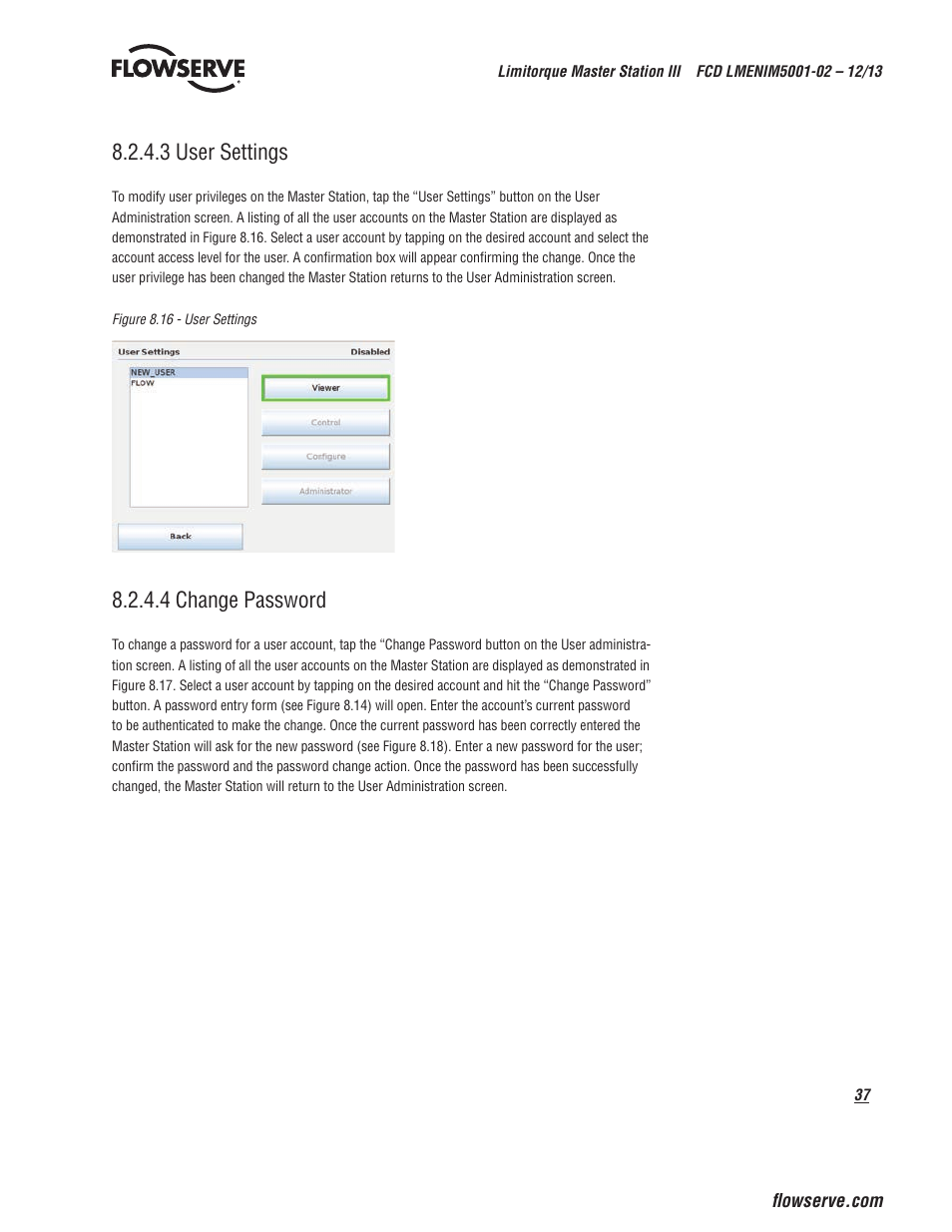 3 user settings, 4 change password | Flowserve Limitorque Master Station III User Manual | Page 37 / 70