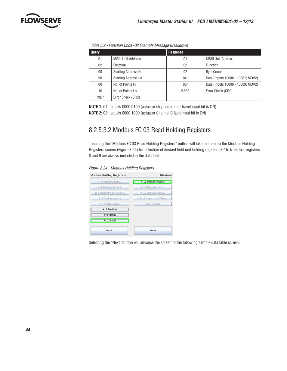 2 modbus fc 03 read holding registers | Flowserve Limitorque Master Station III User Manual | Page 44 / 70