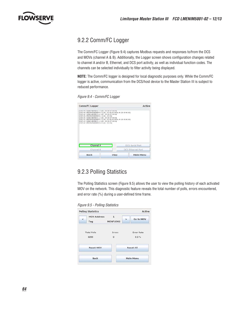 2 comm/fc logger, 3 polling statistics | Flowserve Limitorque Master Station III User Manual | Page 64 / 70