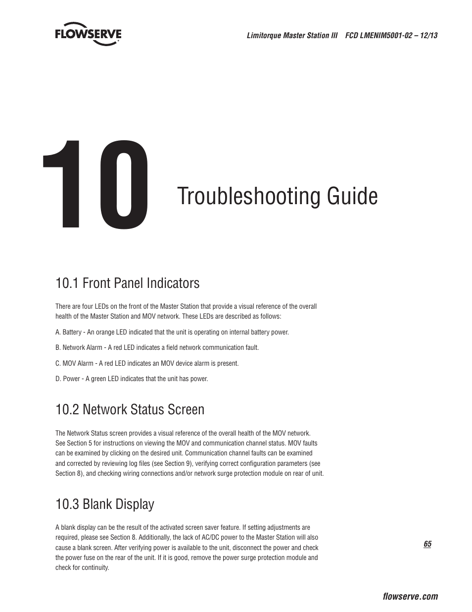 Troubleshooting guide | Flowserve Limitorque Master Station III User Manual | Page 65 / 70