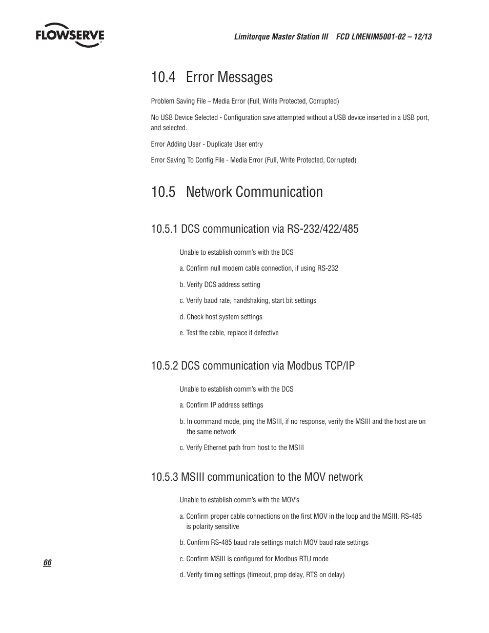 4 error messages, 5 network communication, 2 dcs communication via modbus tcp/ip | 3 msiii communication to the mov network | Flowserve Limitorque Master Station III User Manual | Page 66 / 70