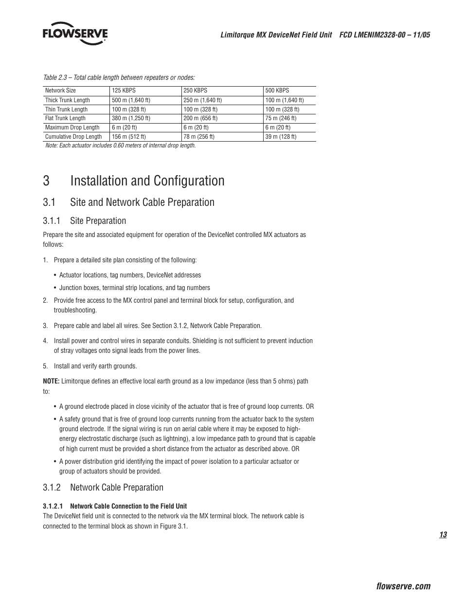 3installation and configuration, 1 site and network cable preparation, 1 site preparation | 2 network cable preparation | Flowserve Limitorque MX DeviceNet Field Unit User Manual | Page 13 / 44