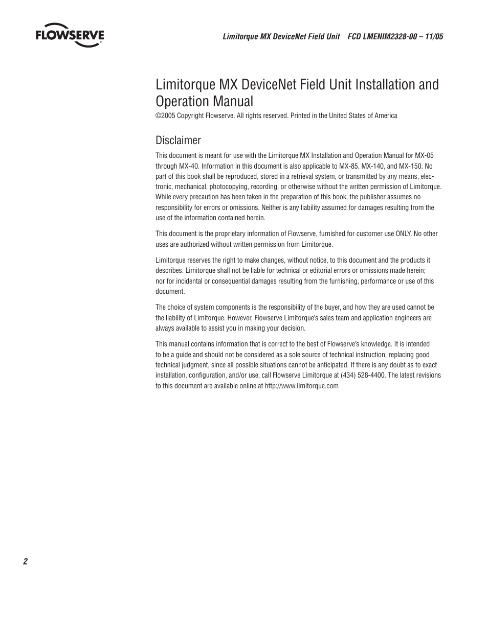 Disclaimer | Flowserve Limitorque MX DeviceNet Field Unit User Manual | Page 2 / 44
