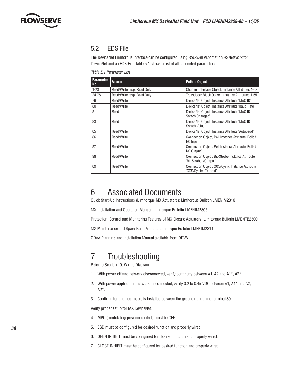6associated documents, 7troubleshooting, 2 eds file | Flowserve Limitorque MX DeviceNet Field Unit User Manual | Page 38 / 44
