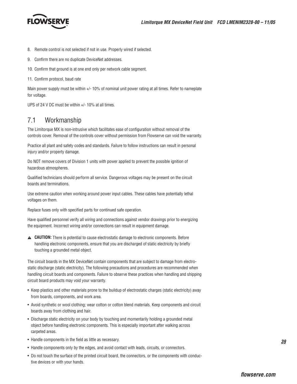 1 workmanship | Flowserve Limitorque MX DeviceNet Field Unit User Manual | Page 39 / 44