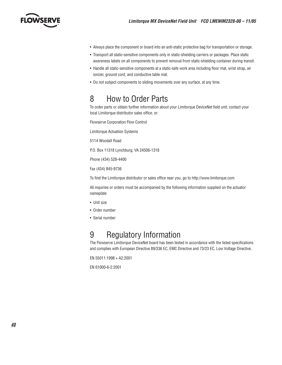 8how to order parts, 9regulatory information | Flowserve Limitorque MX DeviceNet Field Unit User Manual | Page 40 / 44