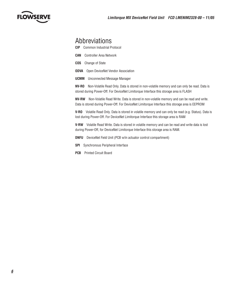 Abbreviations | Flowserve Limitorque MX DeviceNet Field Unit User Manual | Page 6 / 44