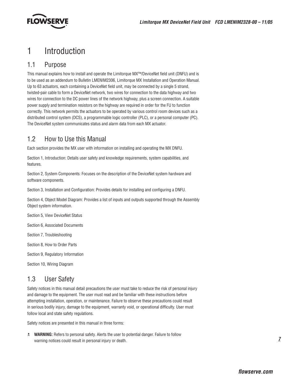 1introduction, 1 purpose, 2 how to use this manual | 3 user safety | Flowserve Limitorque MX DeviceNet Field Unit User Manual | Page 7 / 44