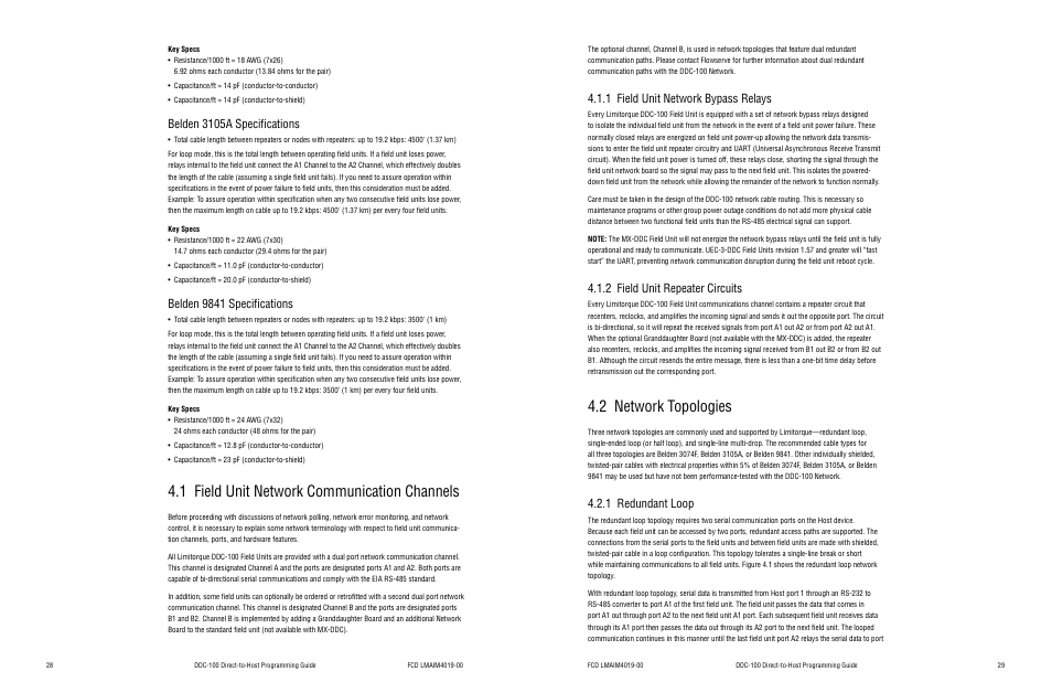 Belden 3105a specifications, Belden 9841 specifications, 1 field unit network communication channels | 1 field unit network bypass relays, 2 field unit repeater circuits, 2 network topologies, 1 redundant loop | Flowserve DDC-100 Modbus Direct-to-Host User Manual | Page 17 / 33