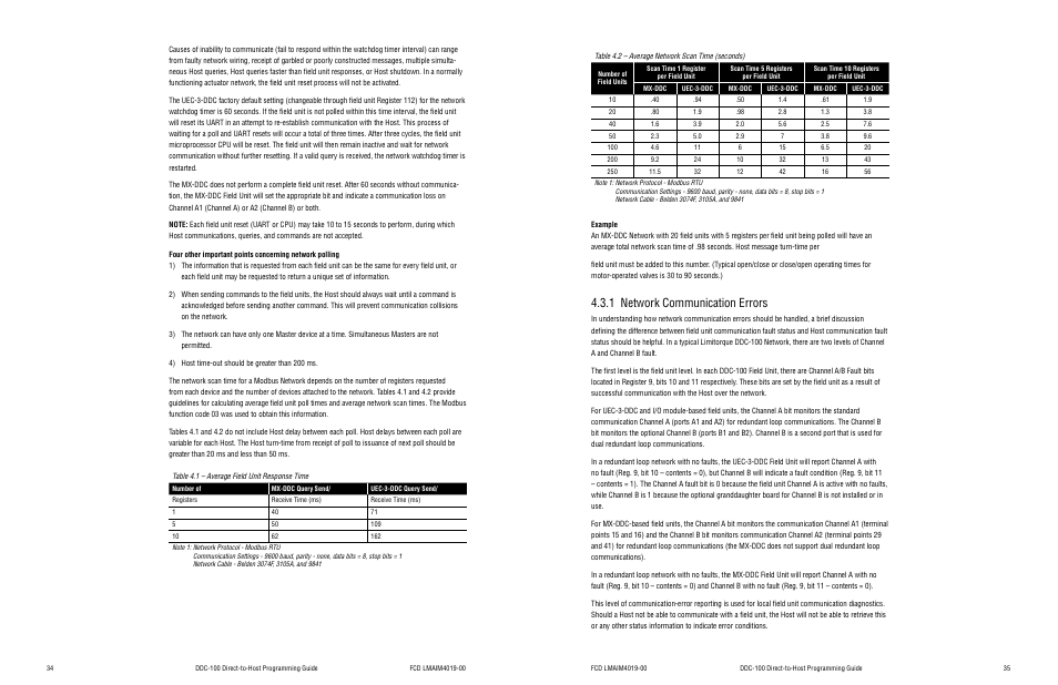 Table 4.1 – average field unit response time, Table 4.2 – average network scan time (seconds), 1 network communication errors | Flowserve DDC-100 Modbus Direct-to-Host User Manual | Page 20 / 33