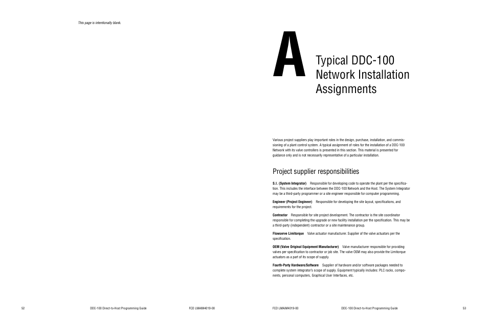 A typical ddc-100 network installation assignments, Project supplier responsibilities, Typical ddc-100 network installation assignments | Flowserve DDC-100 Modbus Direct-to-Host User Manual | Page 29 / 33