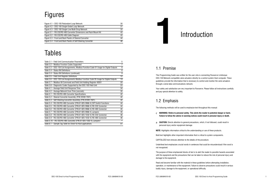 1 introduction, 1 premise, 2 emphasis | Introduction, Figures, Tables | Flowserve DDC-100 Modbus Direct-to-Host User Manual | Page 3 / 33
