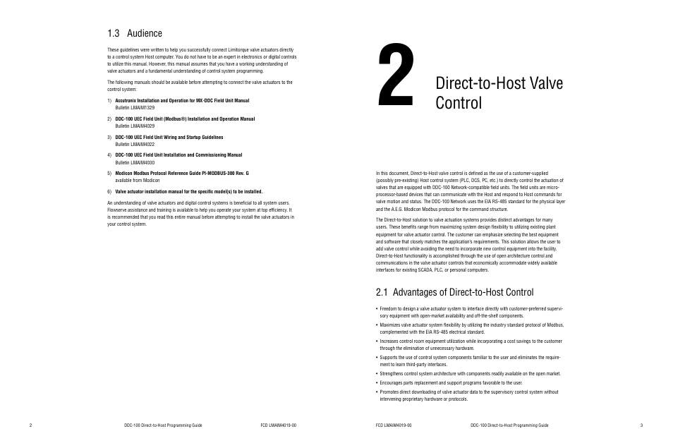3 audience, 2 direct-to-host valve control, 1 advantages of direct-to-host control | Direct-to-host valve control | Flowserve DDC-100 Modbus Direct-to-Host User Manual | Page 4 / 33