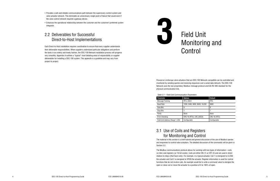 Table 3.1 – field unit communication parameters, 3 field unit monitoring and control, Field unit monitoring and control | Flowserve DDC-100 Modbus Direct-to-Host User Manual | Page 5 / 33