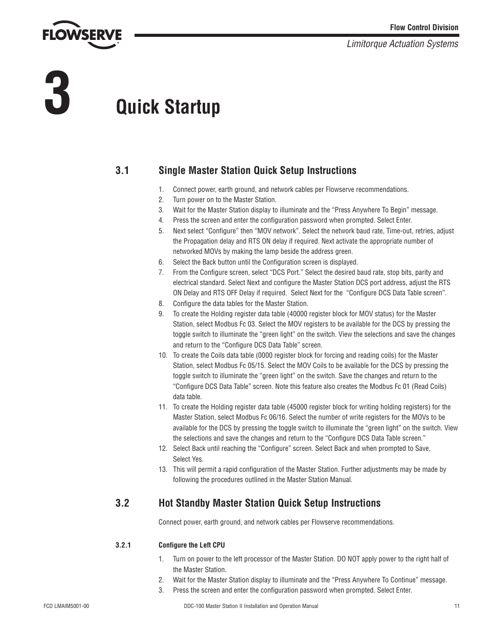 Quick startup, 1 single master station quick setup instructions | Flowserve DDC-100 Master Station II User Manual | Page 11 / 88