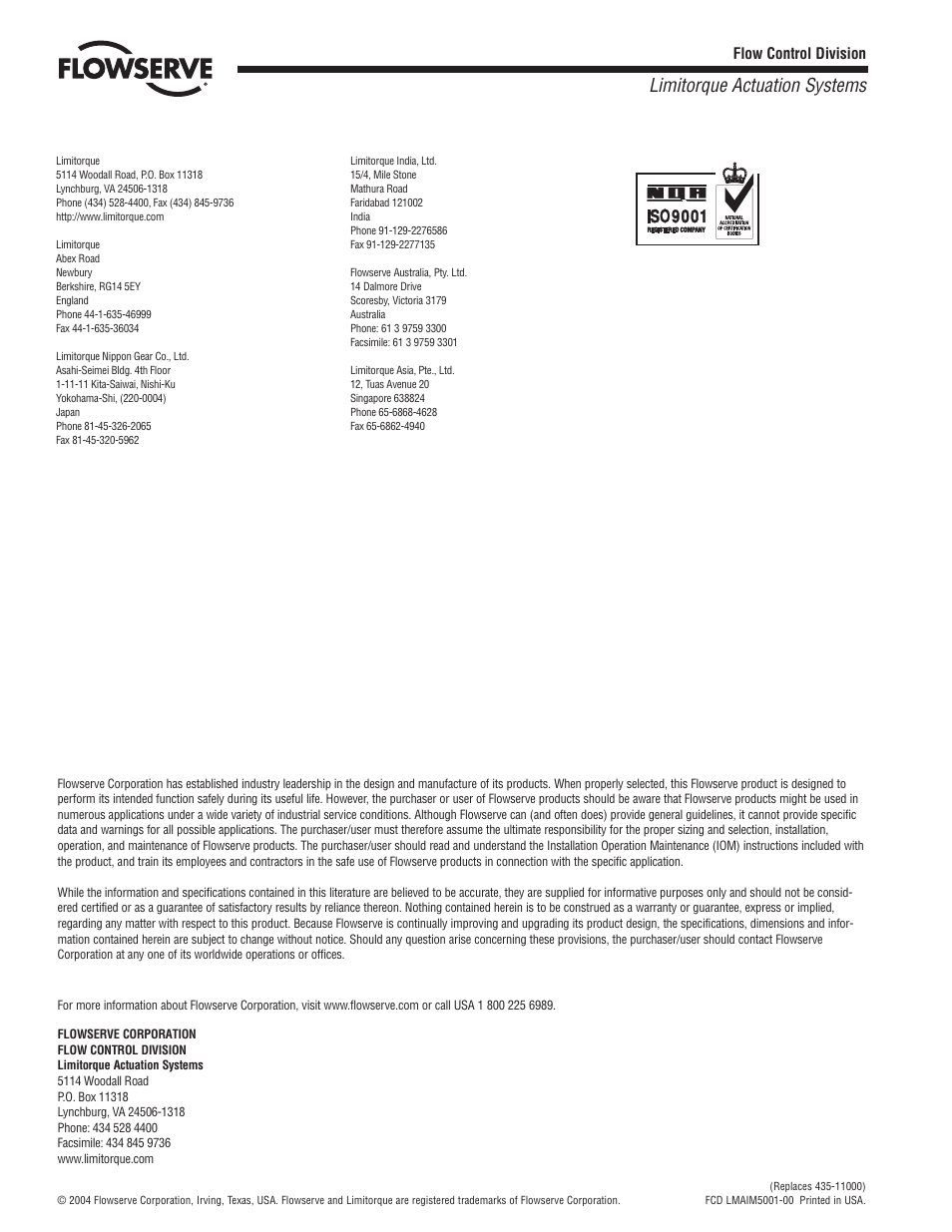 Limitorque actuation systems, Flow control division | Flowserve DDC-100 Master Station II User Manual | Page 88 / 88