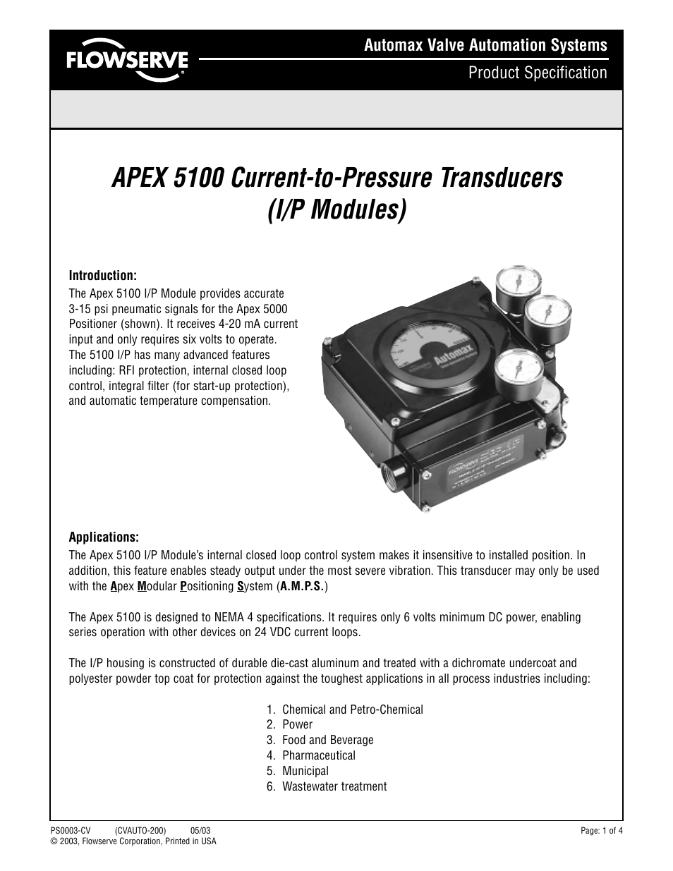 Flowserve APEX 5100 Current-to-Pressure Transducers User Manual | 4 pages