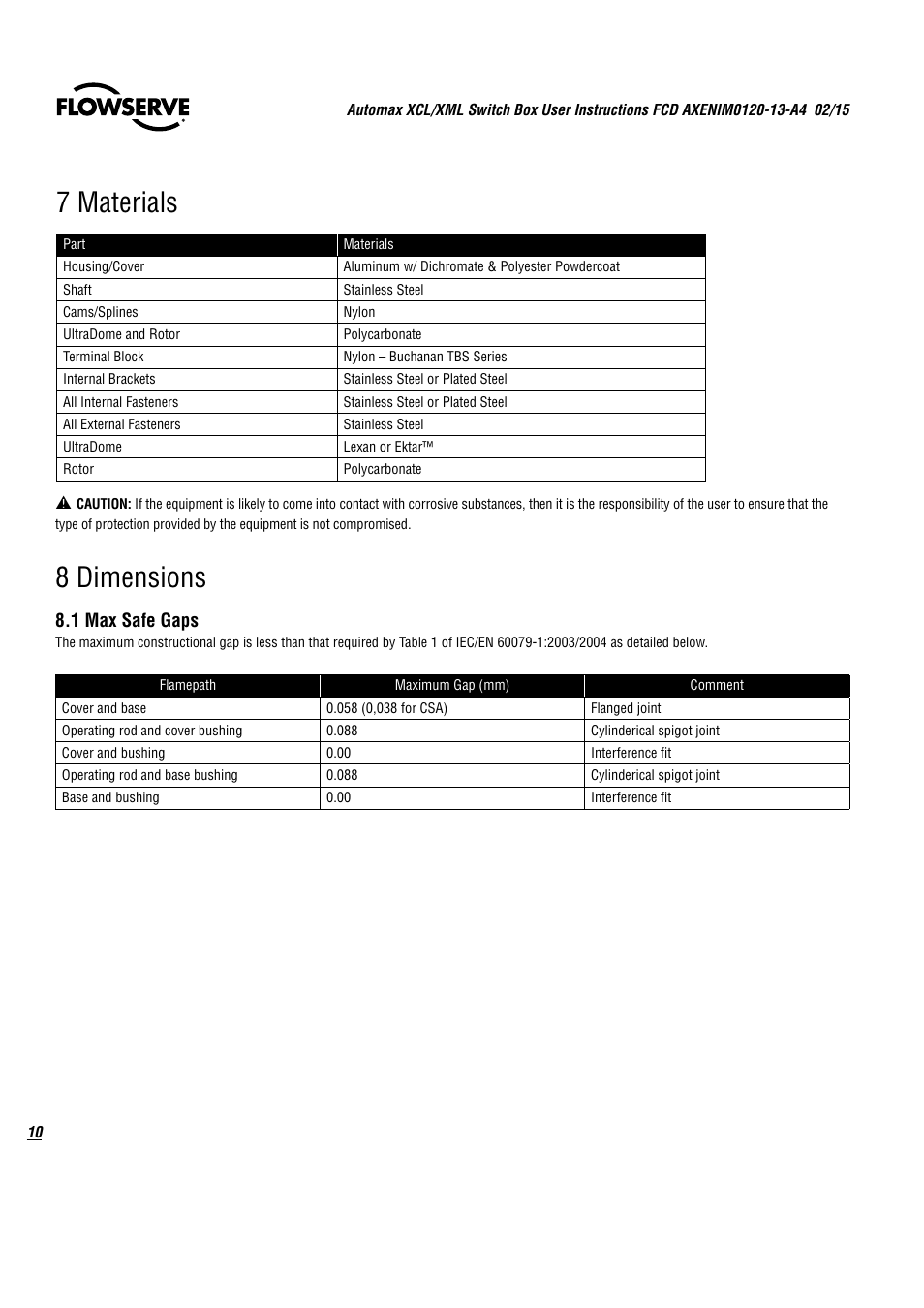 7 materials 8 dimensions, 1 max safe gaps | Flowserve Automax XCL UltraSwitch User Manual | Page 10 / 12