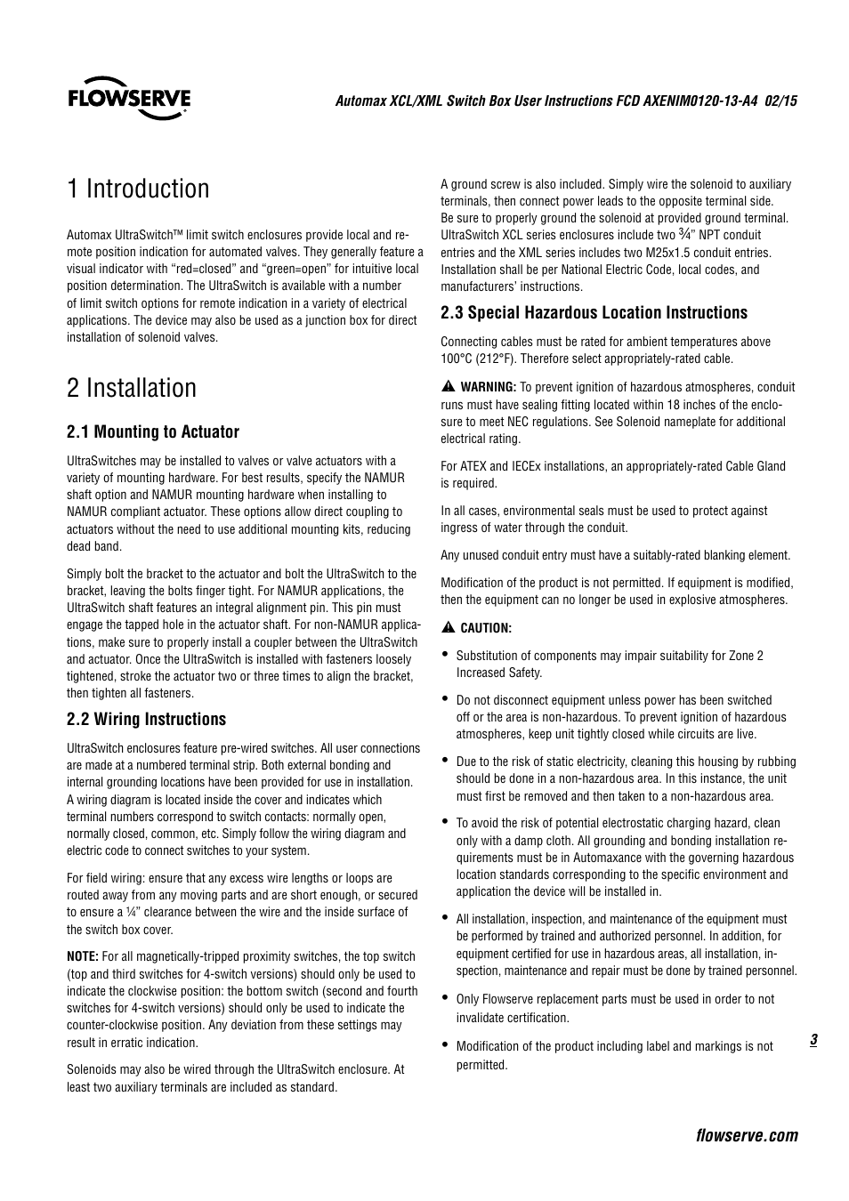 1 introduction, 2 installation | Flowserve Automax XCL UltraSwitch User Manual | Page 3 / 12