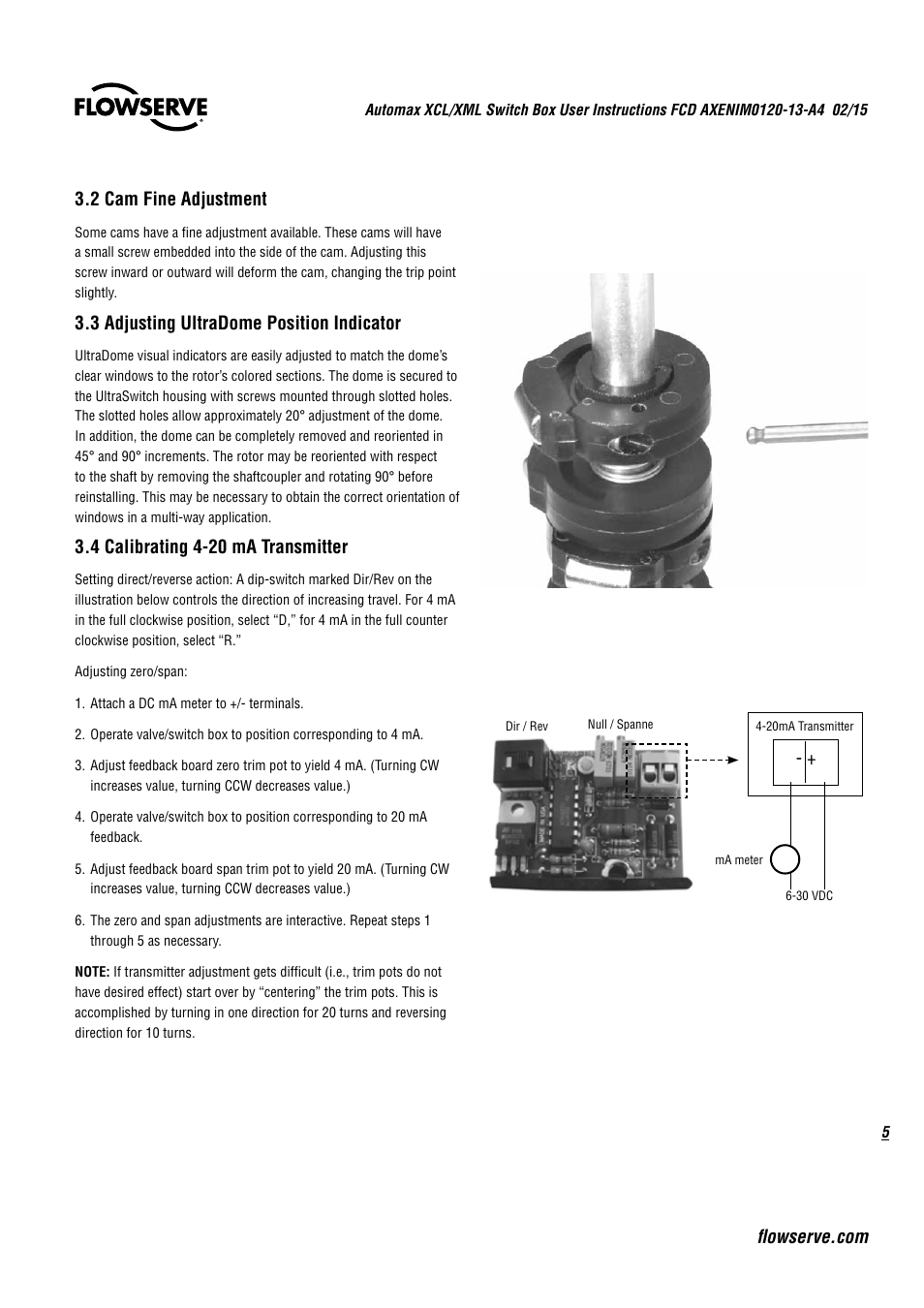 3 adjusting ultradome position indicator, 4 calibrating 4-20 ma transmitter | Flowserve Automax XCL UltraSwitch User Manual | Page 5 / 12