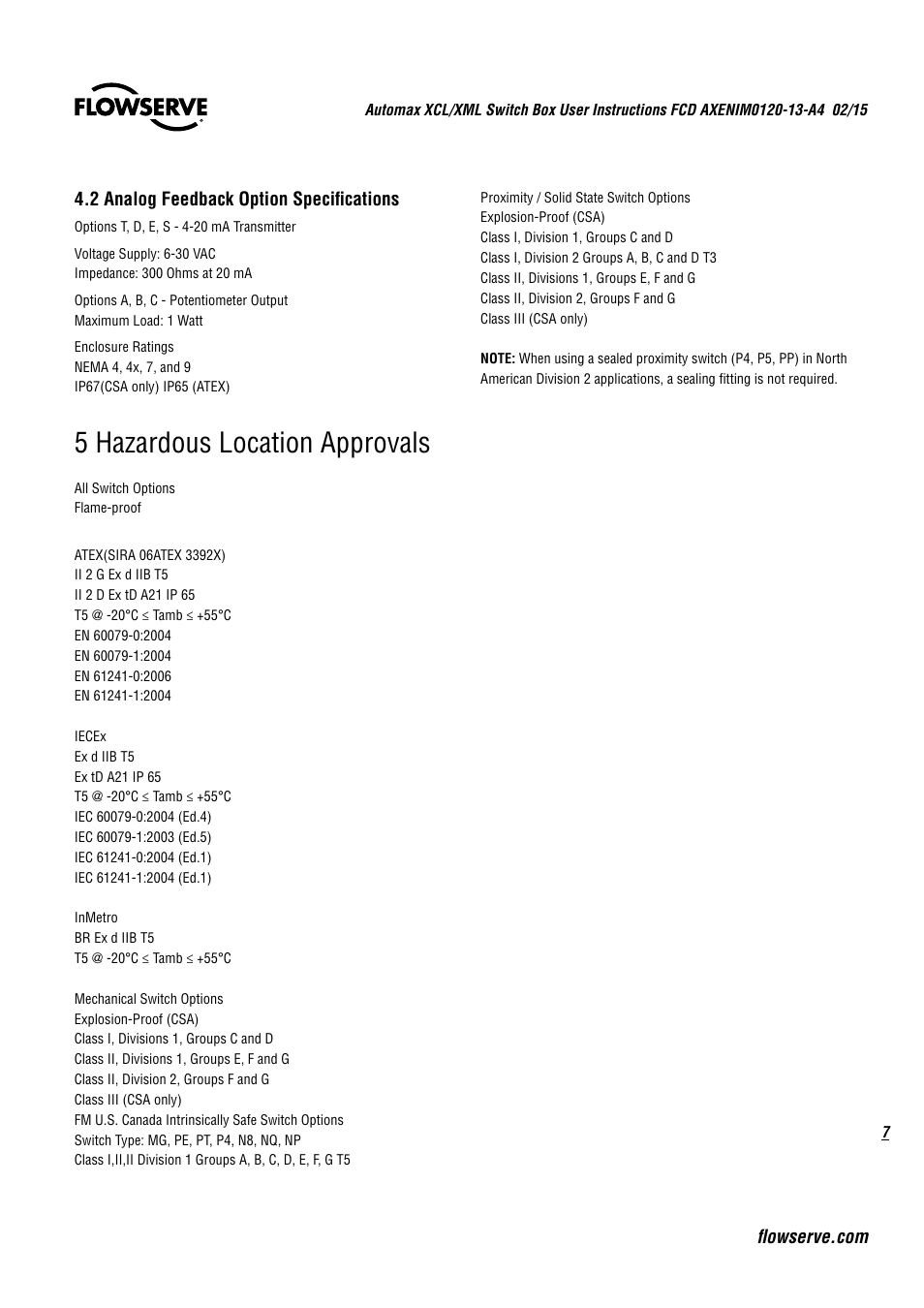 5 hazardous location approvals | Flowserve Automax XCL UltraSwitch User Manual | Page 7 / 12