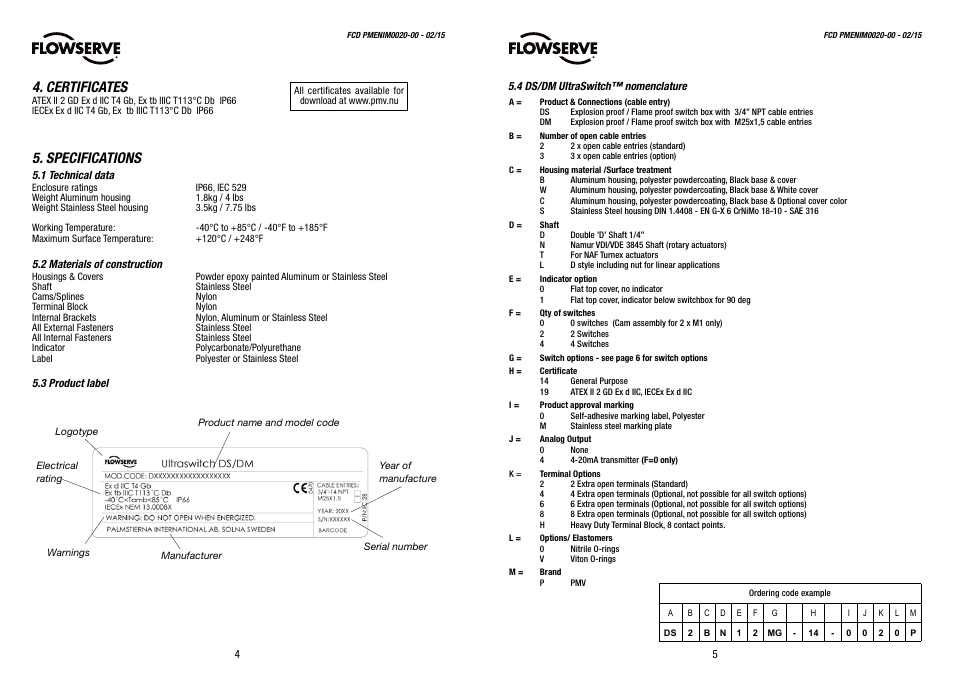 Certificates, Specifications | Flowserve Automax PMV DS UltraSwitch User Manual | Page 3 / 9