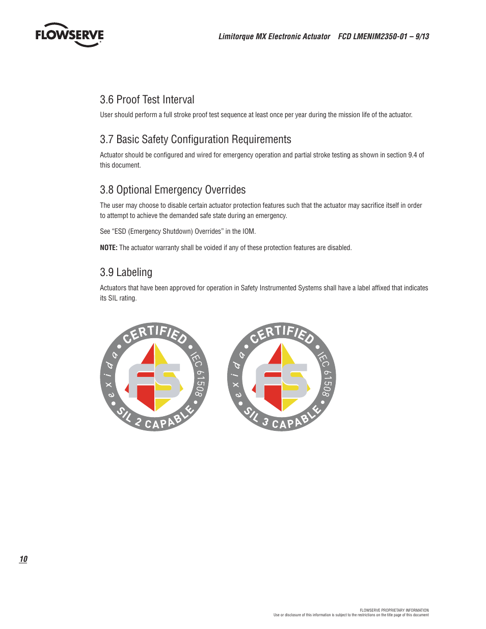 6 proof test interval, 7 basic safety configuration requirements, 8 optional emergency overrides | 9 labeling | Flowserve MX Electronic Actuator SIL Safety IOM User Manual | Page 10 / 44