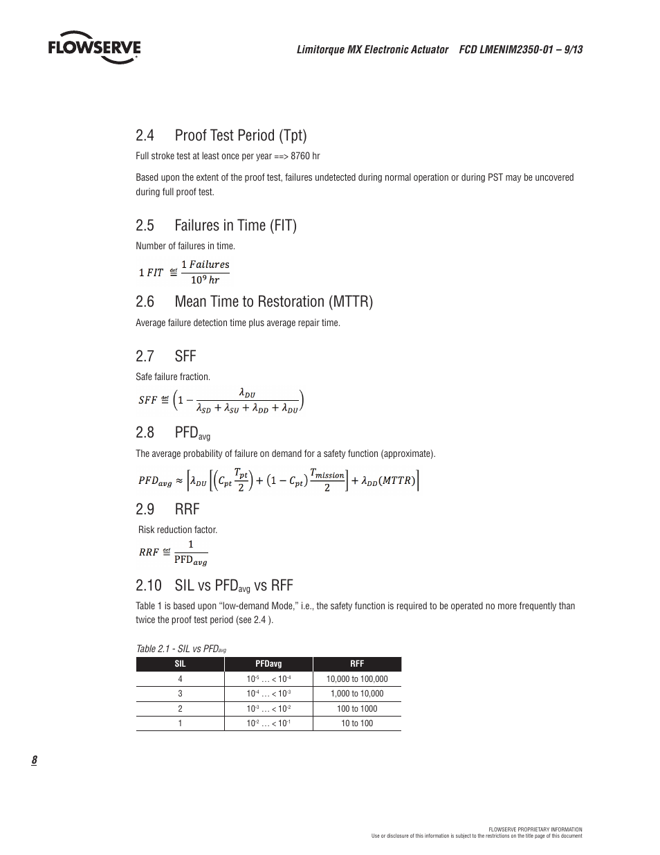 4 proof test period (tpt), 5 failures in time (fit), 6 mean time to restoration (mttr) | 7 sff, 8 pfd, 9 rrf, 10 sil vs pfd, Vs rff | Flowserve MX Electronic Actuator SIL Safety IOM User Manual | Page 8 / 44