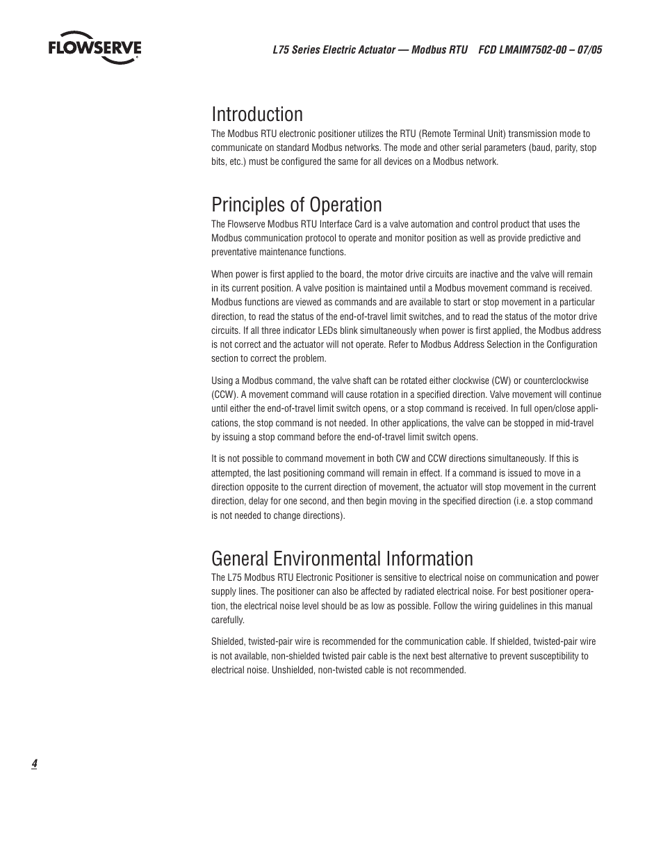 Introduction, Principles of operation, General environmental information | Flowserve L75 Series Electric Actuator User Manual | Page 4 / 16