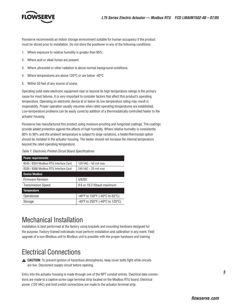 Mechanical installation, Electrical connections | Flowserve L75 Series Electric Actuator User Manual | Page 5 / 16