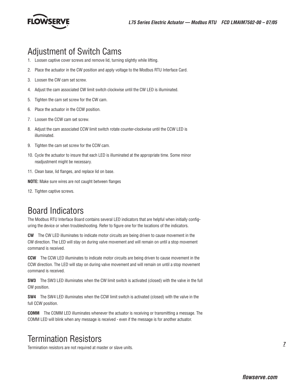 Adjustment of switch cams, Board indicators, Termination resistors | Flowserve L75 Series Electric Actuator User Manual | Page 7 / 16