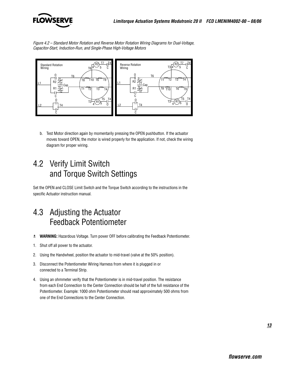 2 verify limit switch and torque switch settings, 3 adjusting the actuator feedback potentiometer | Flowserve Modutronic 20 II Modulating Position Controlle User Manual | Page 13 / 32