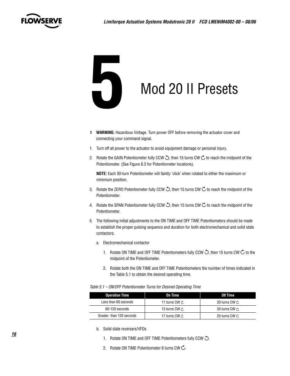 Mod 20 ii presets | Flowserve Modutronic 20 II Modulating Position Controlle User Manual | Page 16 / 32