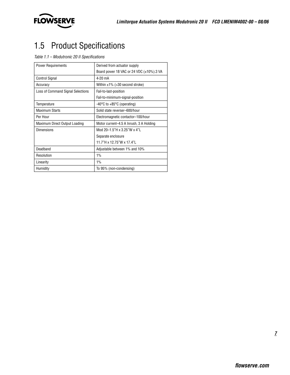 5 product specifications | Flowserve Modutronic 20 II Modulating Position Controlle User Manual | Page 7 / 32