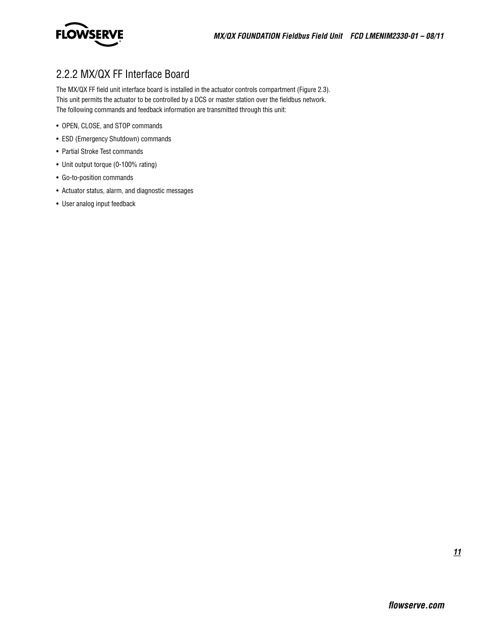 2 mx/qx ff interface board | Flowserve MX FOUNDATION Fieldbus Field Unit User Manual | Page 11 / 84