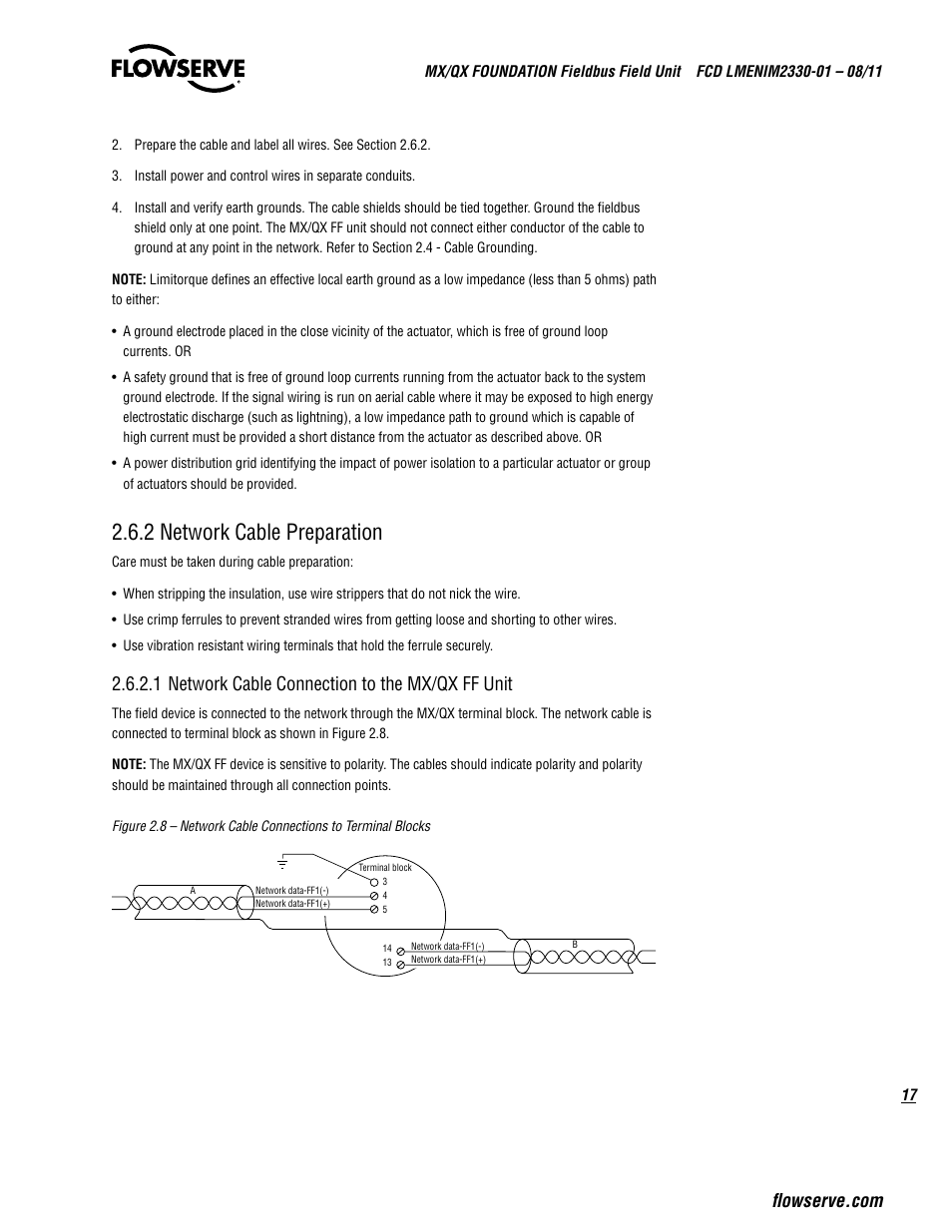 2 network cable preparation, 1 network cable connection to the mx/qx ff unit | Flowserve MX FOUNDATION Fieldbus Field Unit User Manual | Page 17 / 84