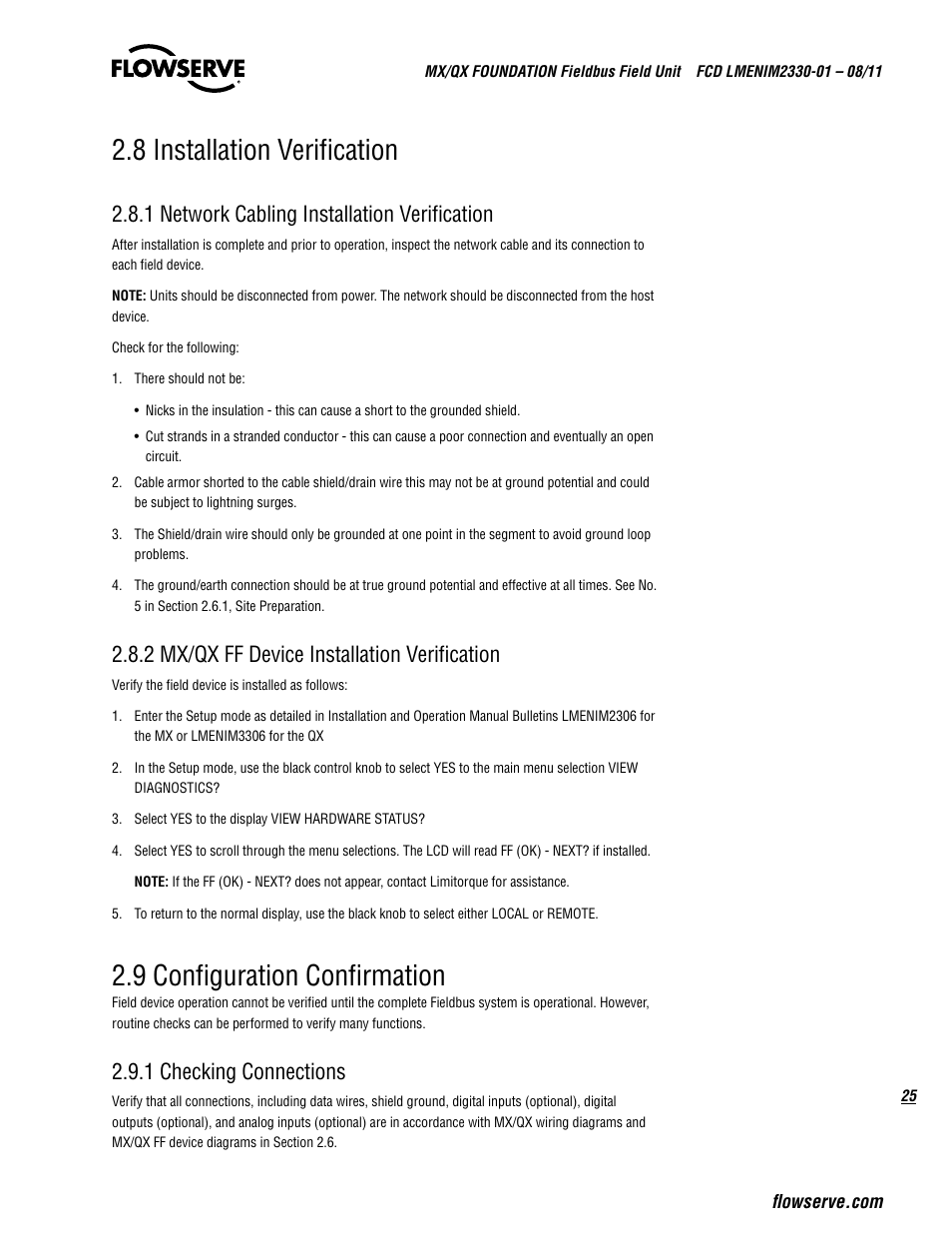 8 installation verification, 9 configuration confirmation, 1 network cabling installation verification | 2 mx/qx ff device installation verification, 1 checking connections | Flowserve MX FOUNDATION Fieldbus Field Unit User Manual | Page 25 / 84