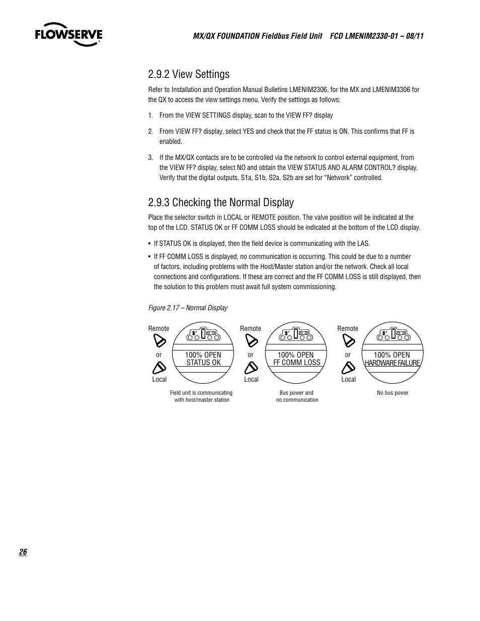 2 view settings, 3 checking the normal display | Flowserve MX FOUNDATION Fieldbus Field Unit User Manual | Page 26 / 84