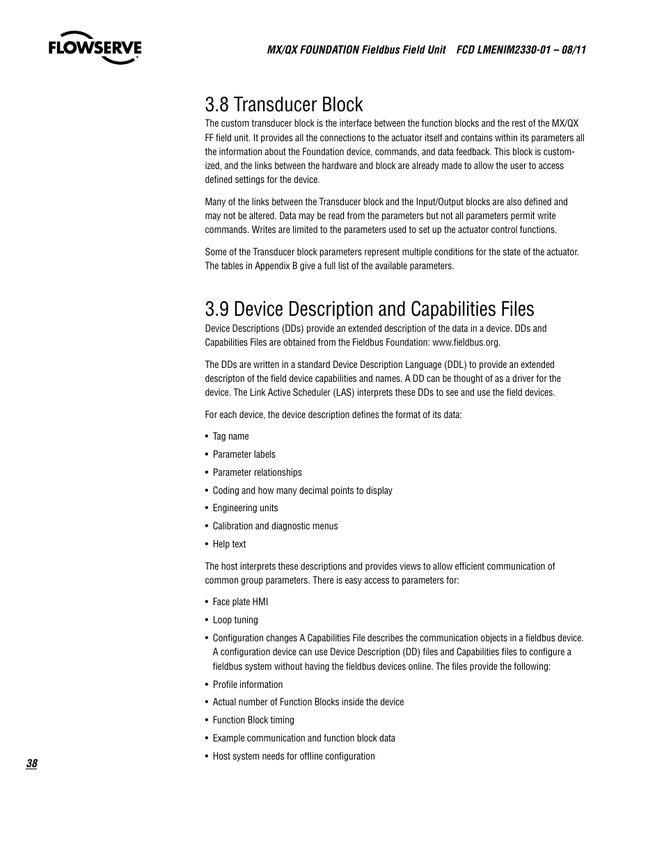 8 transducer block, 9 device description and capabilities files | Flowserve MX FOUNDATION Fieldbus Field Unit User Manual | Page 38 / 84