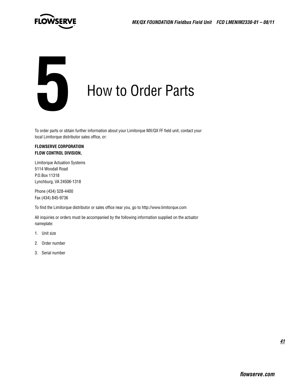How to order parts | Flowserve MX FOUNDATION Fieldbus Field Unit User Manual | Page 41 / 84