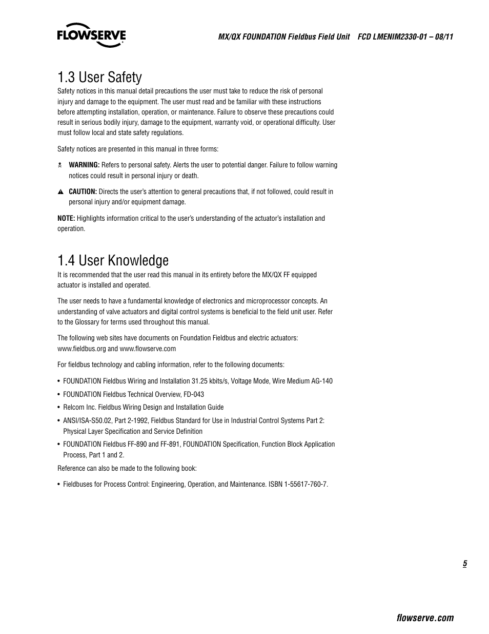 3 user safety, 4 user knowledge | Flowserve MX FOUNDATION Fieldbus Field Unit User Manual | Page 5 / 84