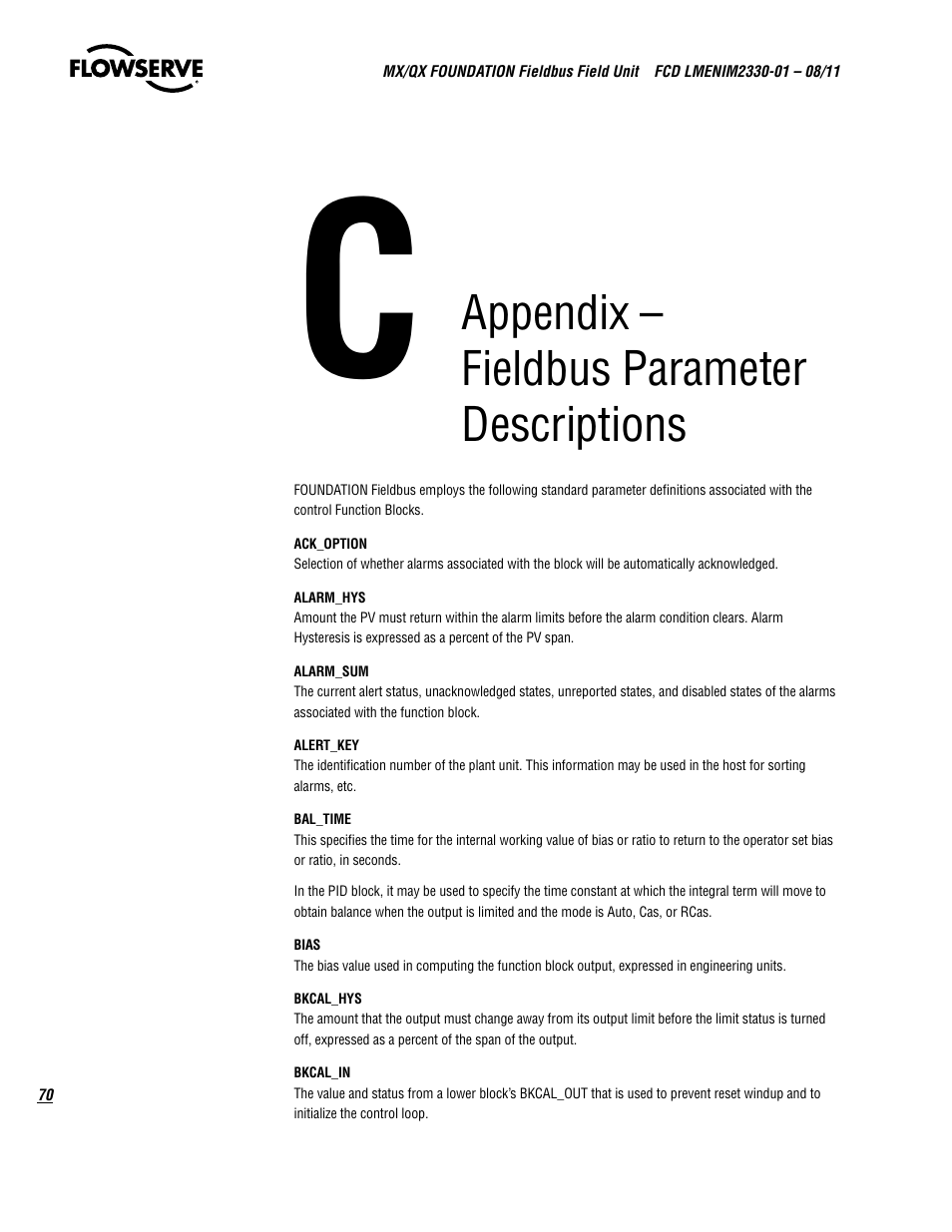 Appendix – fieldbus parameter descriptions | Flowserve MX FOUNDATION Fieldbus Field Unit User Manual | Page 70 / 84