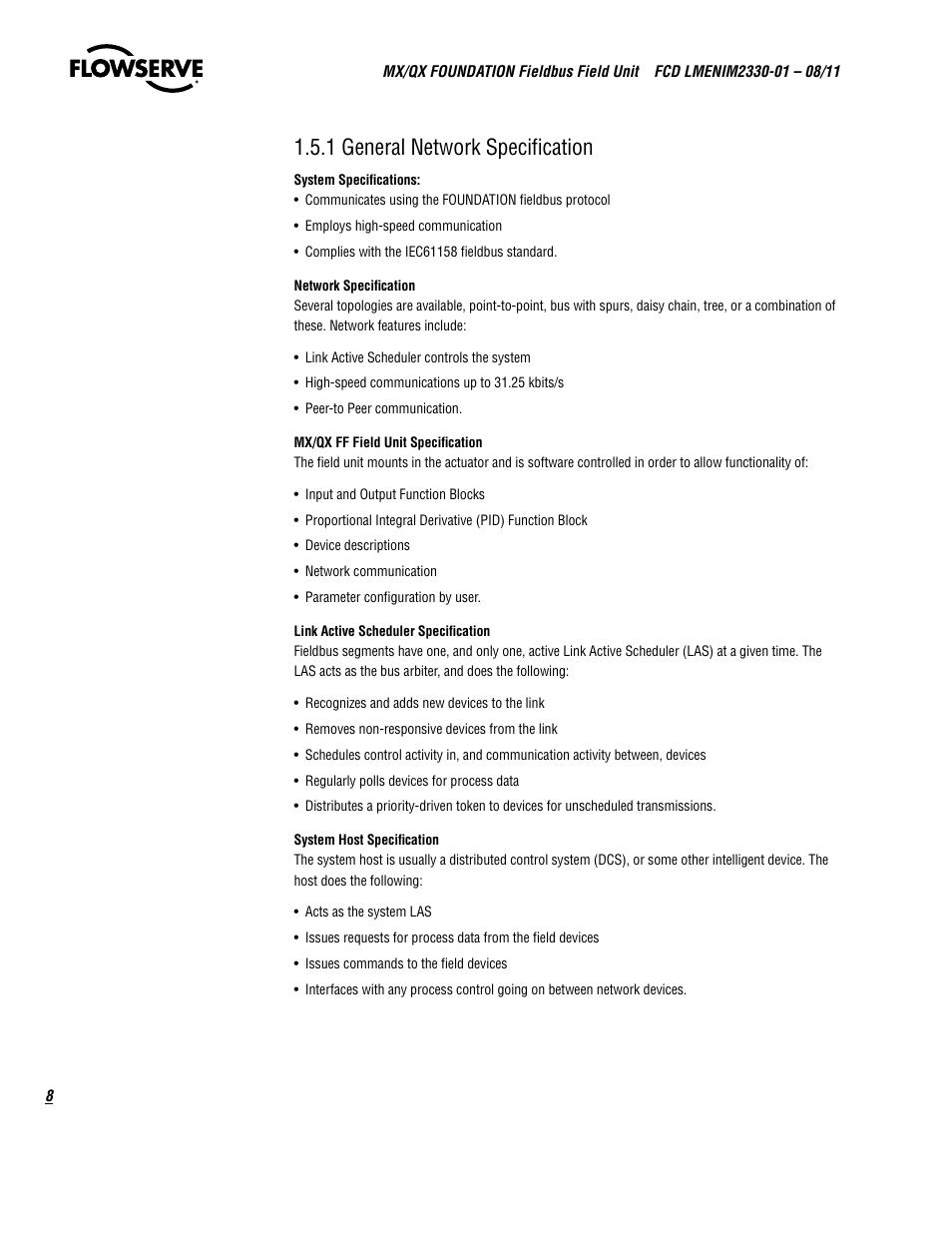 1 general network specification | Flowserve MX FOUNDATION Fieldbus Field Unit User Manual | Page 8 / 84